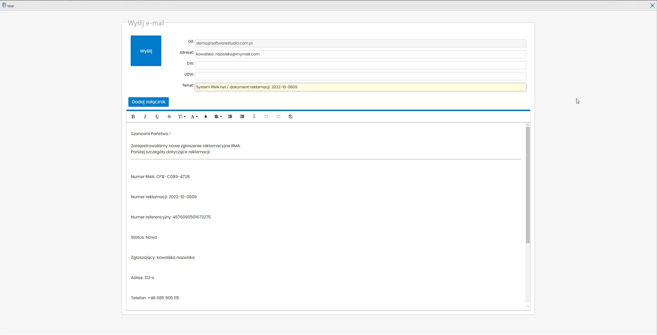 Formularz Wyślij e-mail w StudioSystem z polami Od, Adresat, DW, UDW oraz treścią uzupełnioną danymi reklamacji