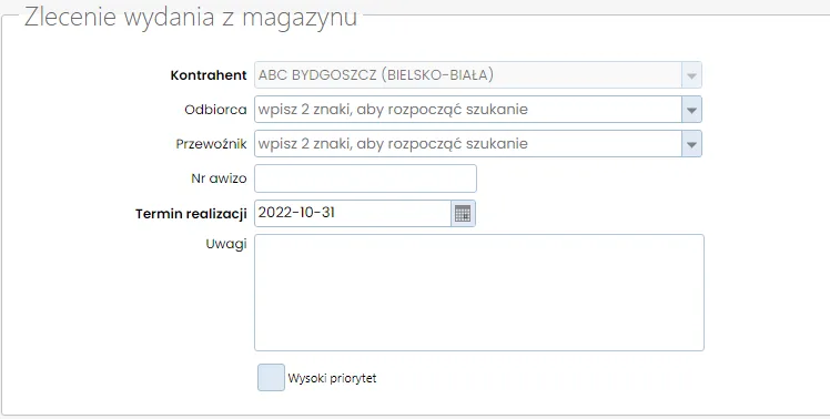 Sekcja Zlecenie wydania z magazynu - dane nagłówkowe