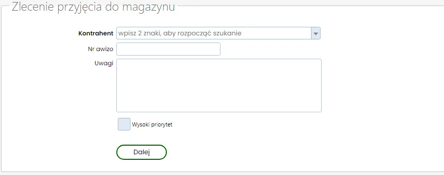 Sekcja Zlecenia przyjęcia do magazynu - dane nagłówkowe