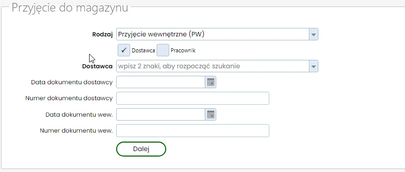 Sekcja Przyjęcie z wypożyczalni - dane dokumentu