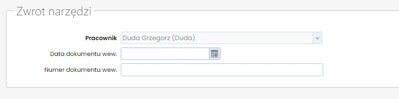 Sekcja zwrot narzędzi - informacje