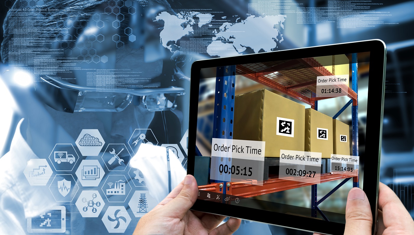 Industry 4.0 , Augmented reality and smart logistic concept. Hand holding tablet with AR application for check order pick time in smart factory.Man use AR glasses and industry infographic background.